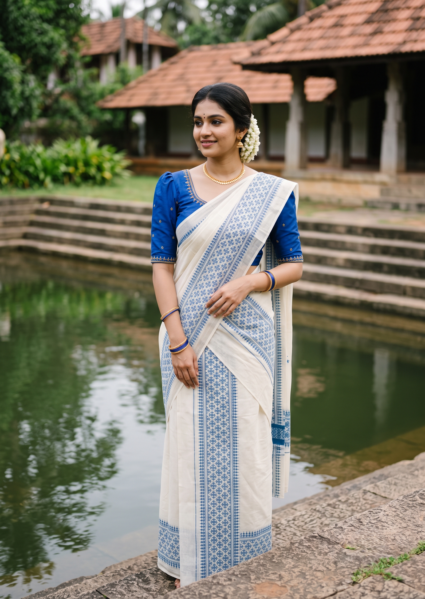 Southloom Kerala Cotton Set Mundu (Mundum Neriyathum) with Blue Floral Prints on Border-2.80Mtrs SL625