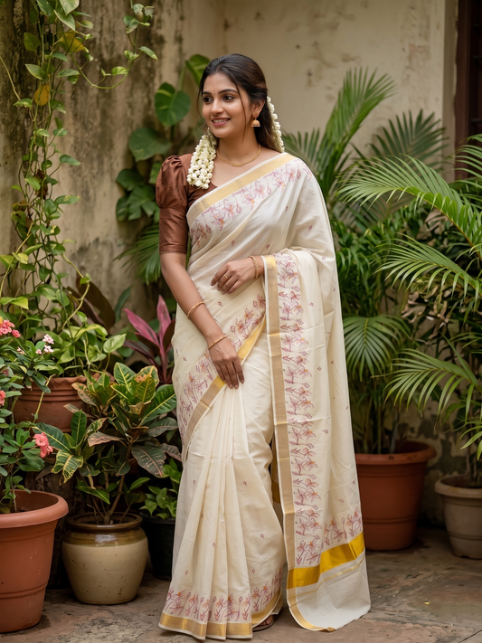 Southloom Cotton Kerala Kasavu Saree with Floral Printed