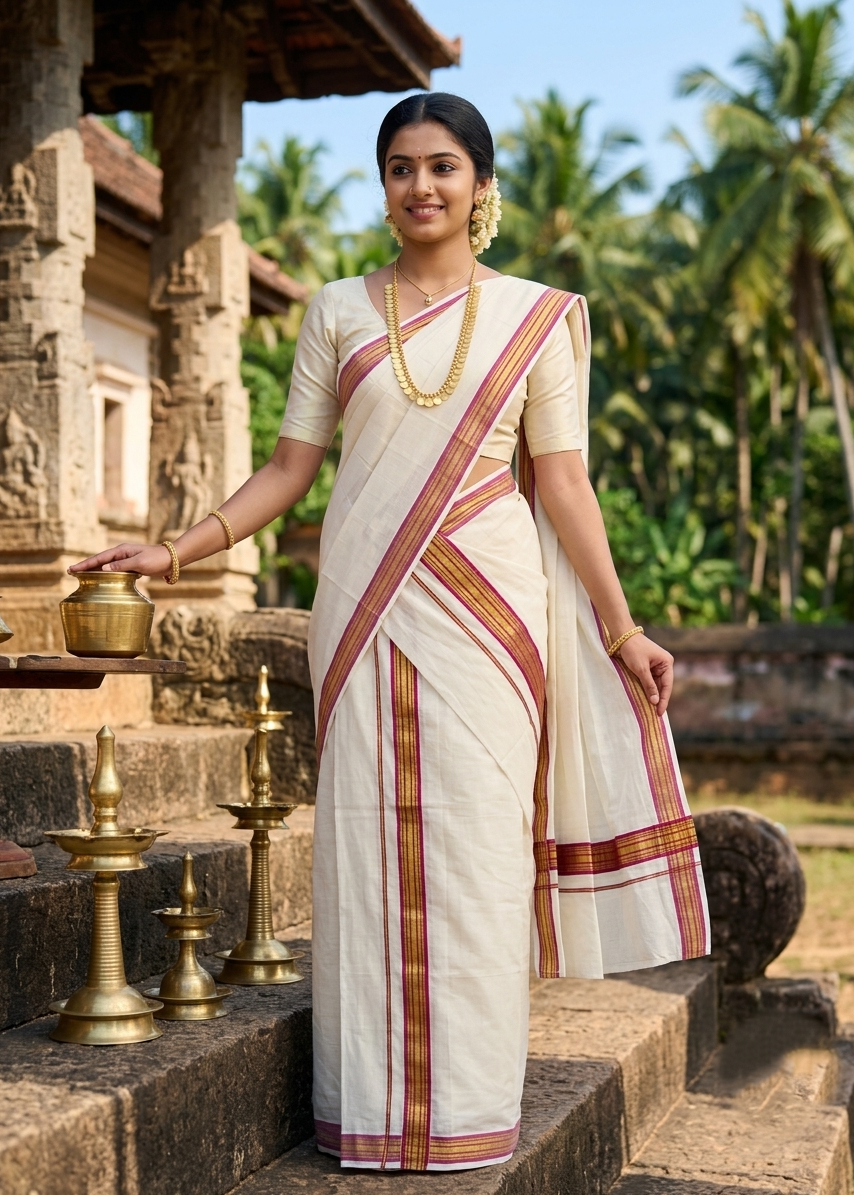 Southloom Pure Cotton Kerala Single Set Mundu (Mundum Neriyathum) with Magenta Kasavu Border in 2.80 Mtrs SLKK SL395