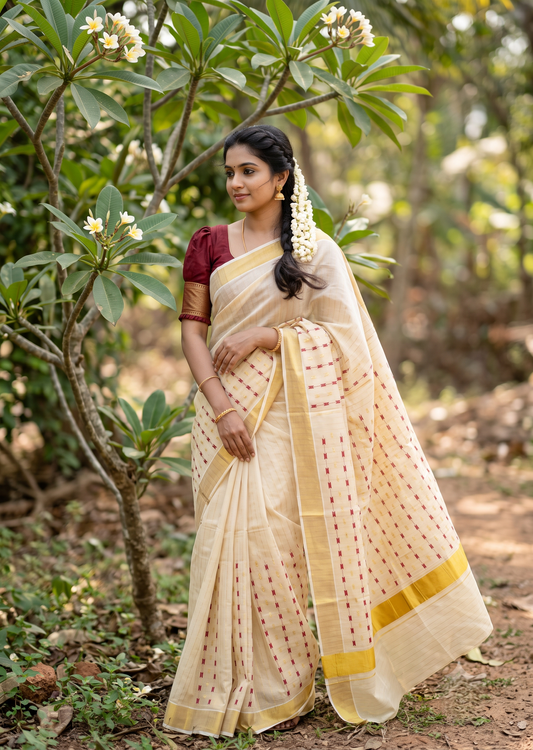 Southloom Tissue Kerala Kasavu Saree with Maroon& Gold Embroidery Designs on Body