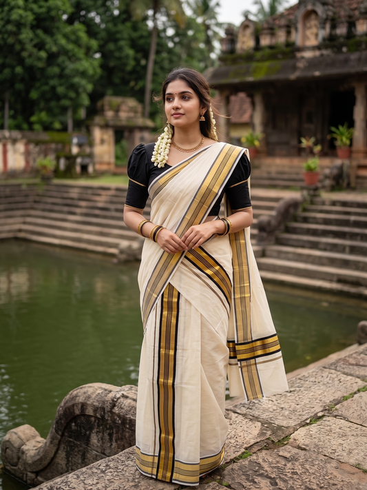 Southloom Pure Cotton Kerala Set Mundu (Mundum Neriyathum) Single with Black and Kasavu Border 2.80 Mtrs SLKK SL522