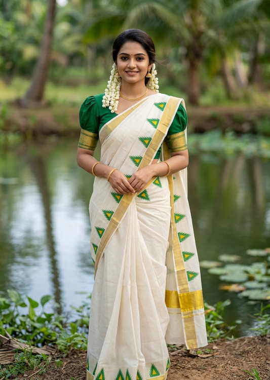 Southloom Cotton Kerala Kasavu Saree with Temple Digital Print In Green and Yellow With Borders SL369
