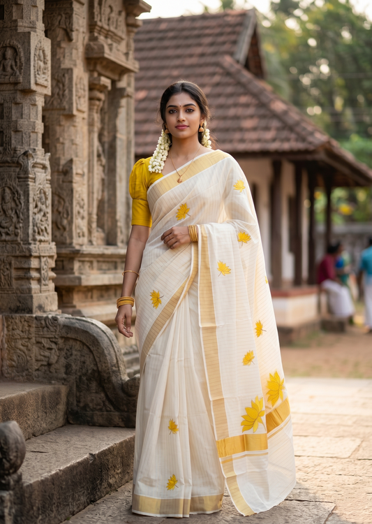 Southloom Kerala Cotton Kasavu Line Saree with Yellow Lotus Embroidery Works
