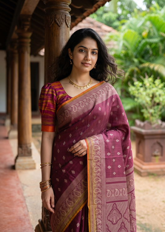 Southloom Muslin Cotton Saree With Floral Prints on the Body and Borders