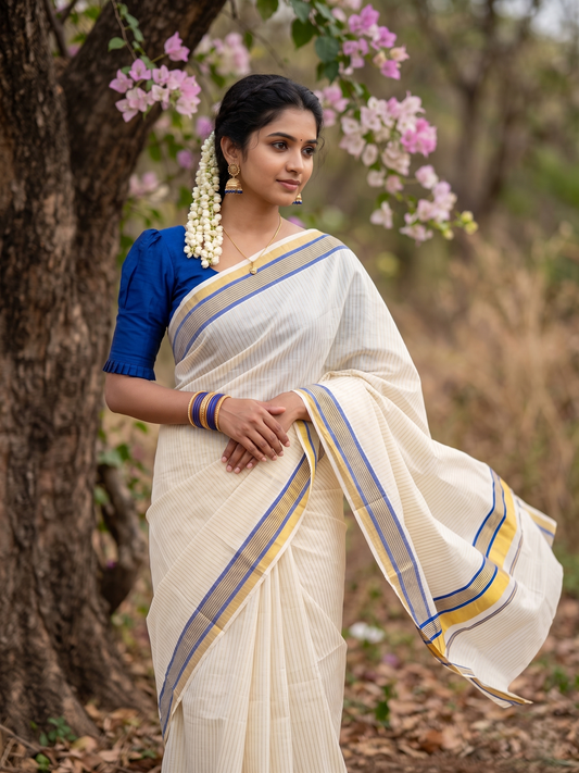 Southloom Kerala Cotton Kasavu Saree with Stripes on Body in Blue Border SL356
