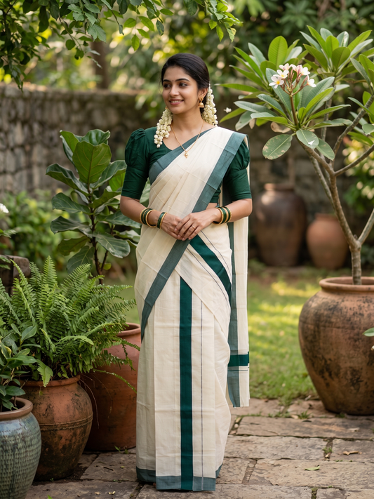 Southloom Kerala Cotton Mundum Neriyathum Single (Set Mundu) with Plain 2 inch Green Katti Kara 2.80 Mtrs