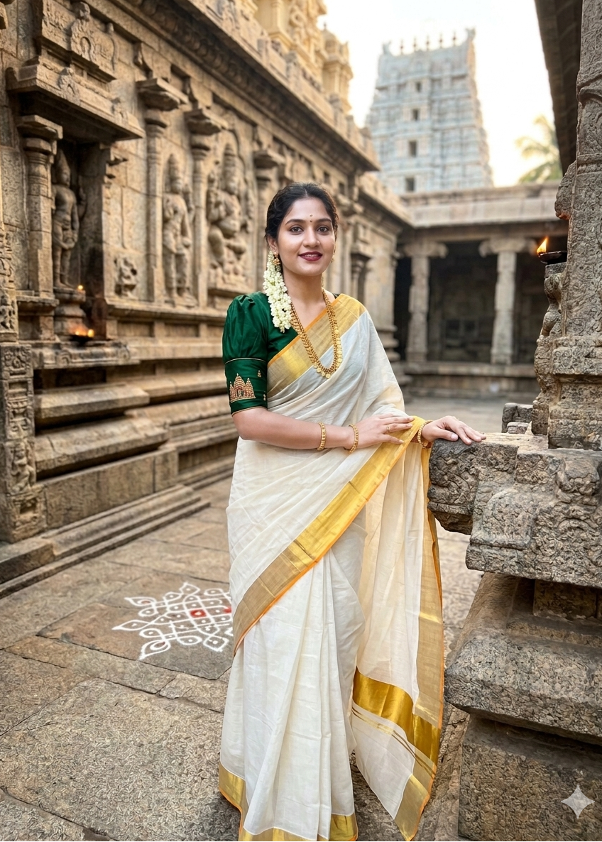 Kerala Kasavu Saree With Balaramapuram Style Orange 5x5 Border SL303