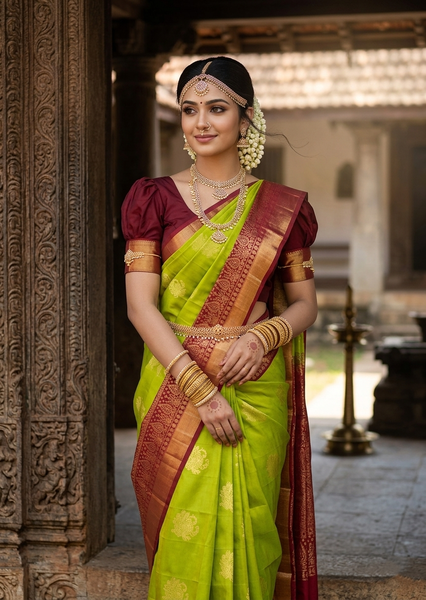 Southloom Pure Handloom Kanchipuram Silk Saree with Butta Work (Maroon & Green)