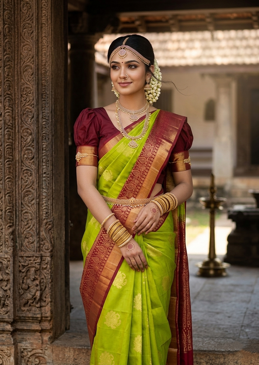 Southloom Pure Handloom Kanchipuram Silk Saree with Butta Work (Maroon & Green)