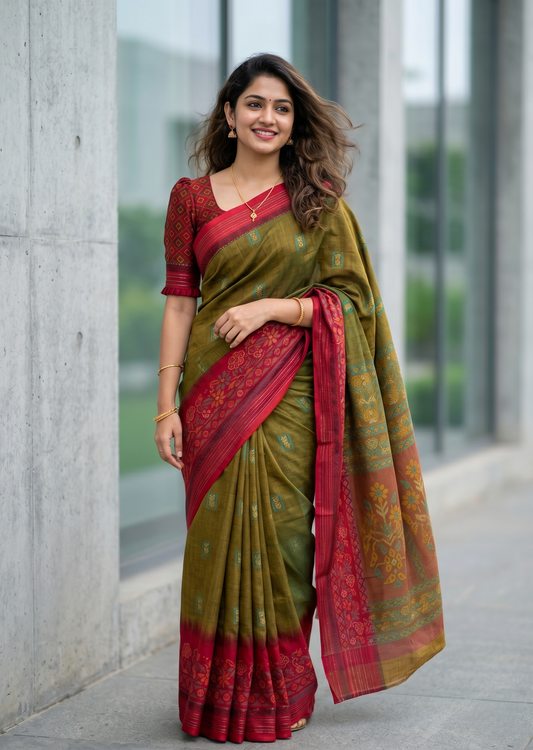 Southloom Muslin Cotton Saree With Floral Prints on the Body and Borders