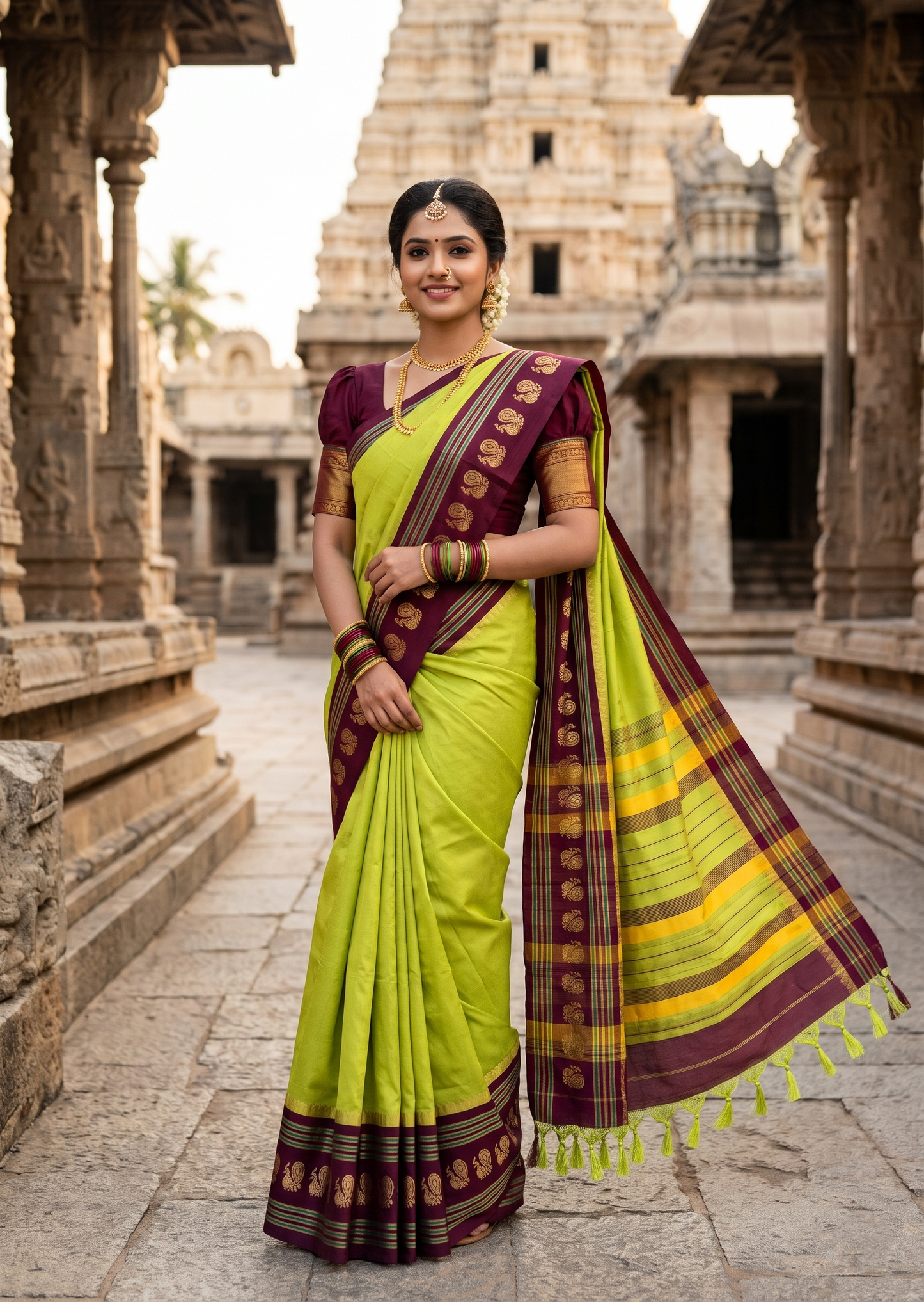 Southloom Kerala Semi Silk Narayan Pett Saree With Woven Work on the Boders With Green And Maroon.