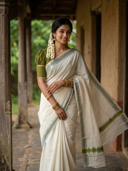 Pure Cotton Kerala Saree with Silver Kasavu Lines Across Body and Olive Green Border