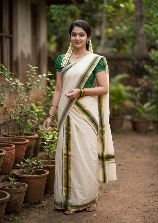 Southloom Kerala Cotton Mundum Neriyathum Single (Set Mundu) with Dark Green and Kasavu Border 2.80 Mtrs SLKK