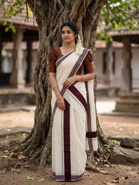 Southloom Kerala Cotton Mundum Neriyathum Single (Set Mundu) with Brown Border 2.80 Mtrs