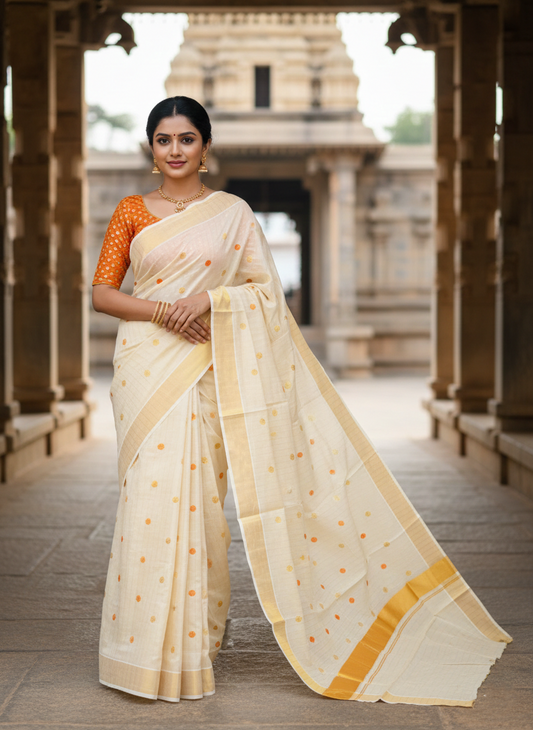 Southloom Kerala Tissue Kasavu Saree with Gold & Orange Polka Embroidery Works on Body