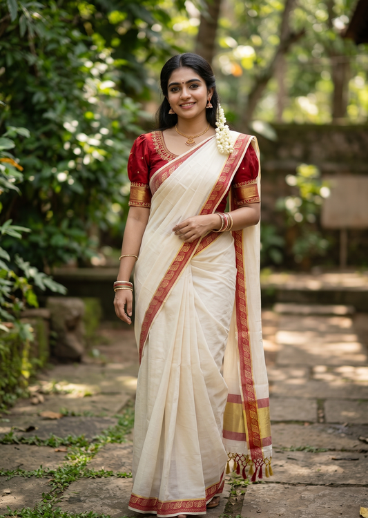 Southloom Kerala Tissue Kasavu Plain Saree with Red Border