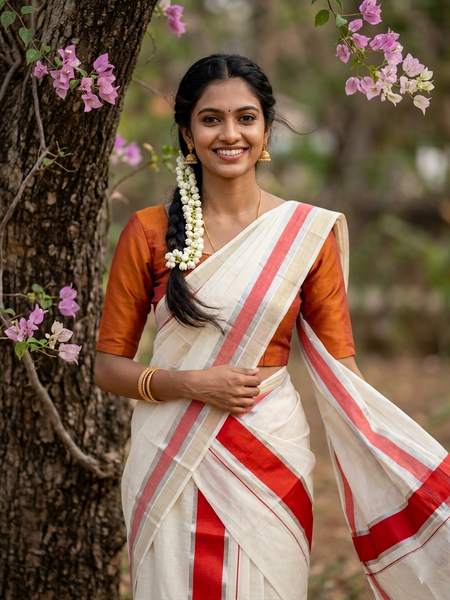 Kerala Cotton Mundum Neriyathum Single (Set Mundu) with Dark Orange and Silver Kasavu Border 2.80 Mtrs SL385