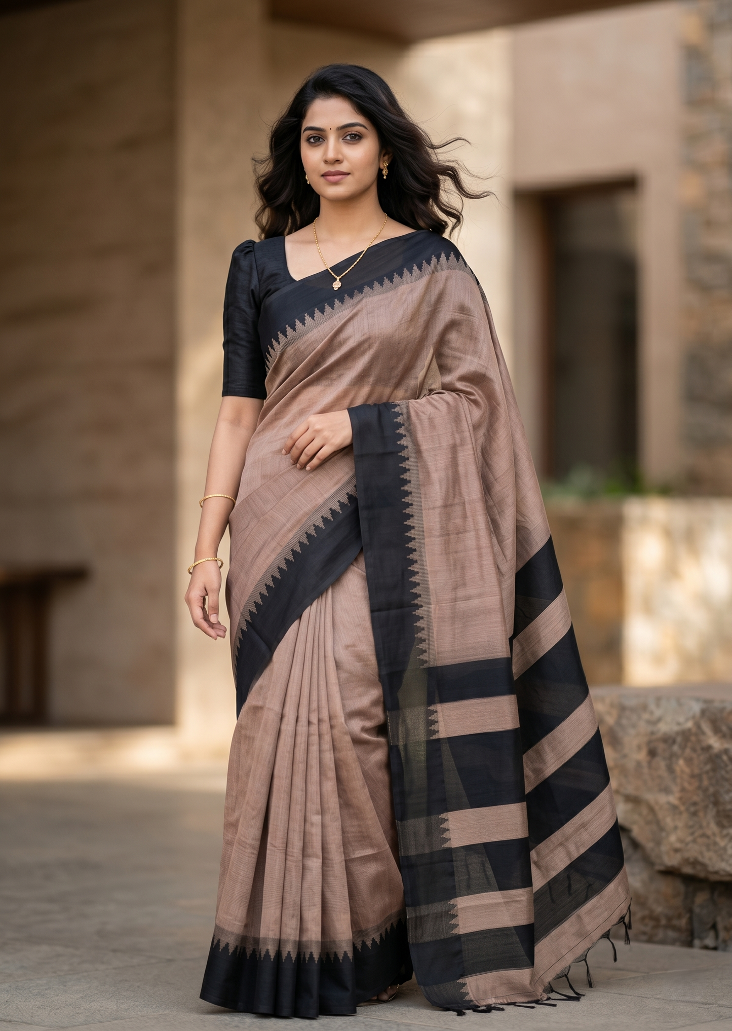 Southloom Kerala Linen Cotton Saree With Temple Design on the Border of the Saree