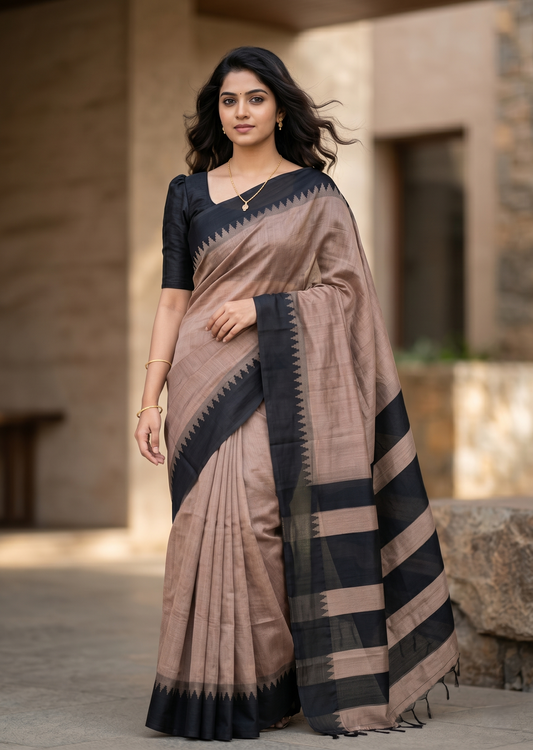Southloom Kerala Linen Cotton Saree With Temple Design on the Border of the Saree