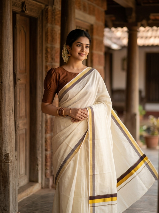 Kerala Pure Cotton Plain Saree with Kasavu Brown 2 inch Border and Pallu