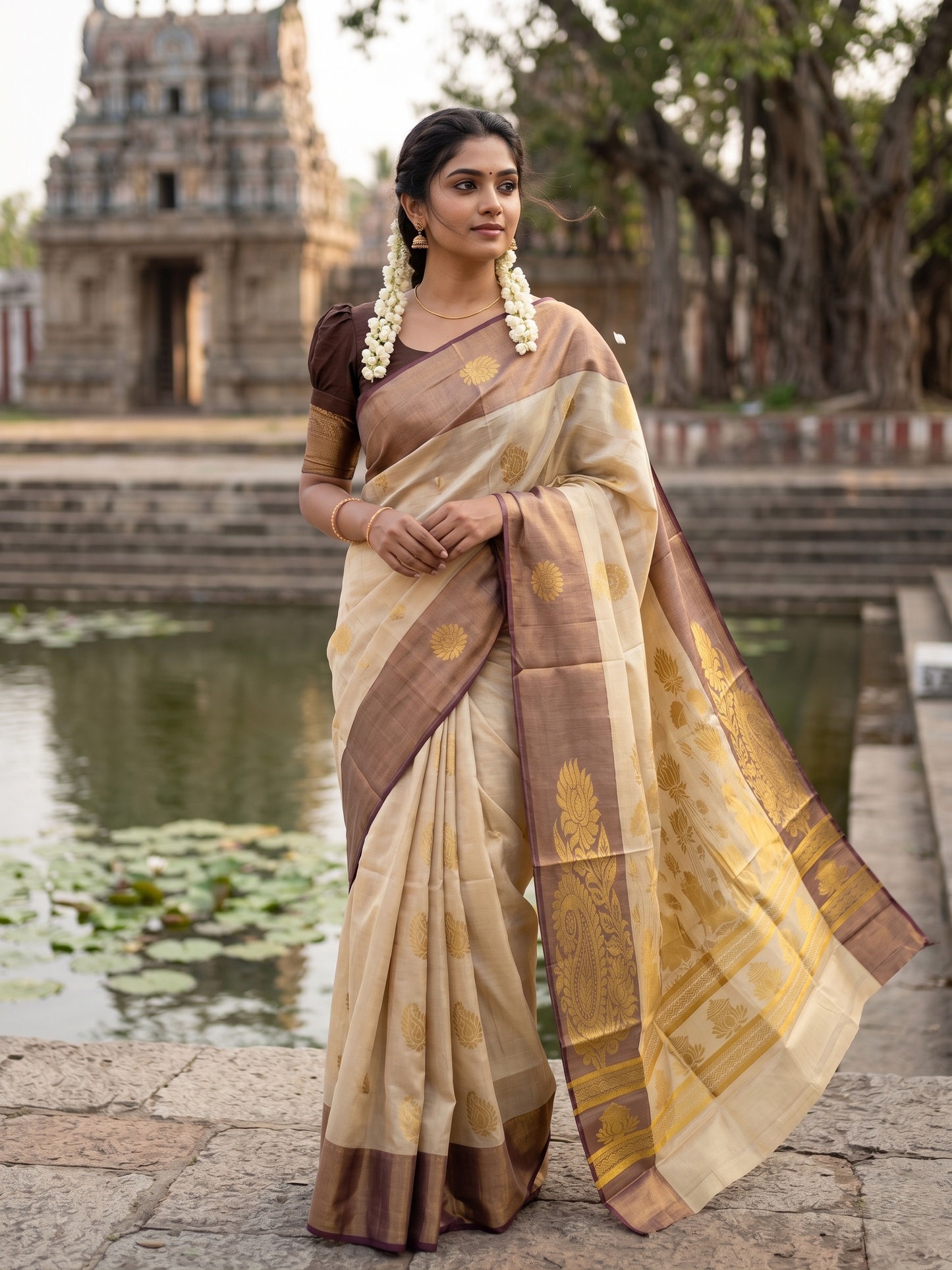 Southloom  Kerala Tissue Kasavu Heavy Work Saree with Nandhi Design And Purple Border SL483
