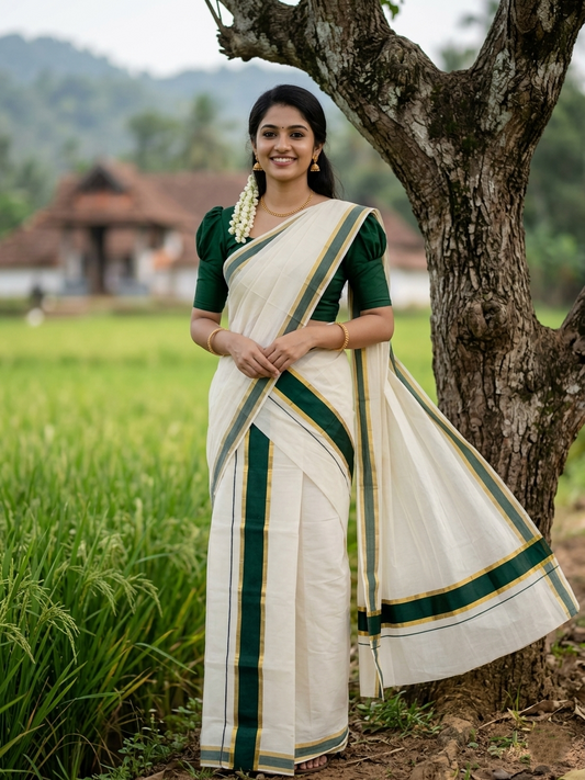 Kerala Cotton Set Mundu (Mundum Neriyathum) with Dark Green and Kasavu Border 2.80 Mtrs