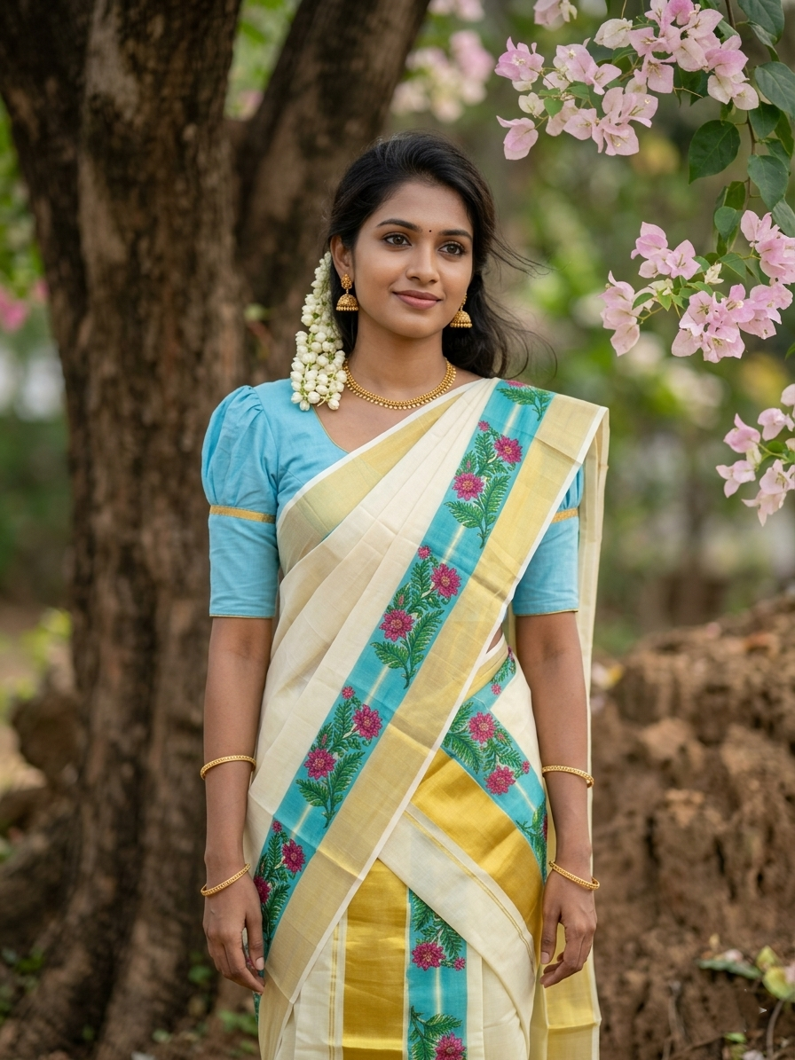 Kerala Tissue Single Set Mundu (Mundum Neriyathum) with Red Floral Block Prints in Blue Border 2.80 Mtrs (Onam 2024 Collection)