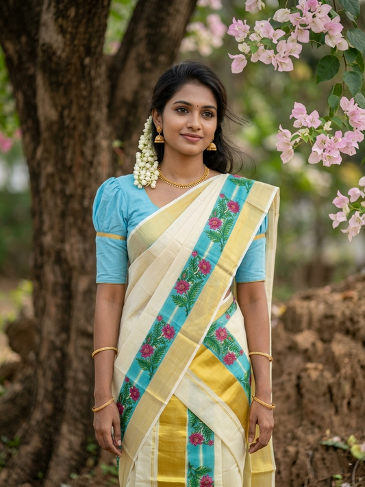 Kerala Tissue Single Set Mundu (Mundum Neriyathum) with Red Floral Block Prints in Blue Border 2.80 Mtrs (Onam 2024 Collection)