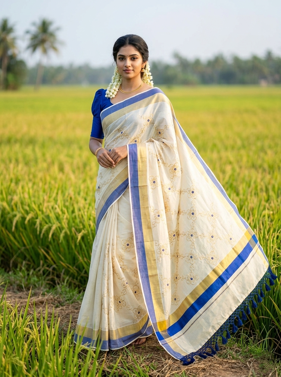 Kerala Tissue Kasavu Stripes Saree with Gold and Blue Floral Embroidery Design on Body SL269
