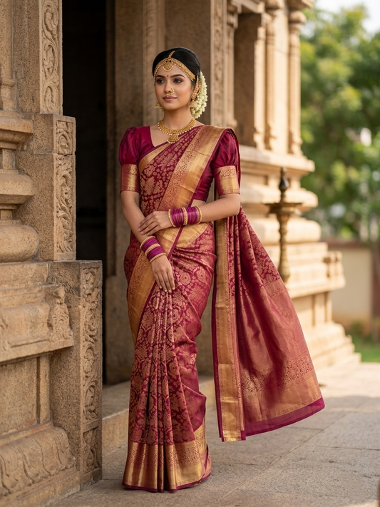 Southloom Pure Handloom Bridal Kanchipuram Silk Saree with Korvai Work (Maroon)