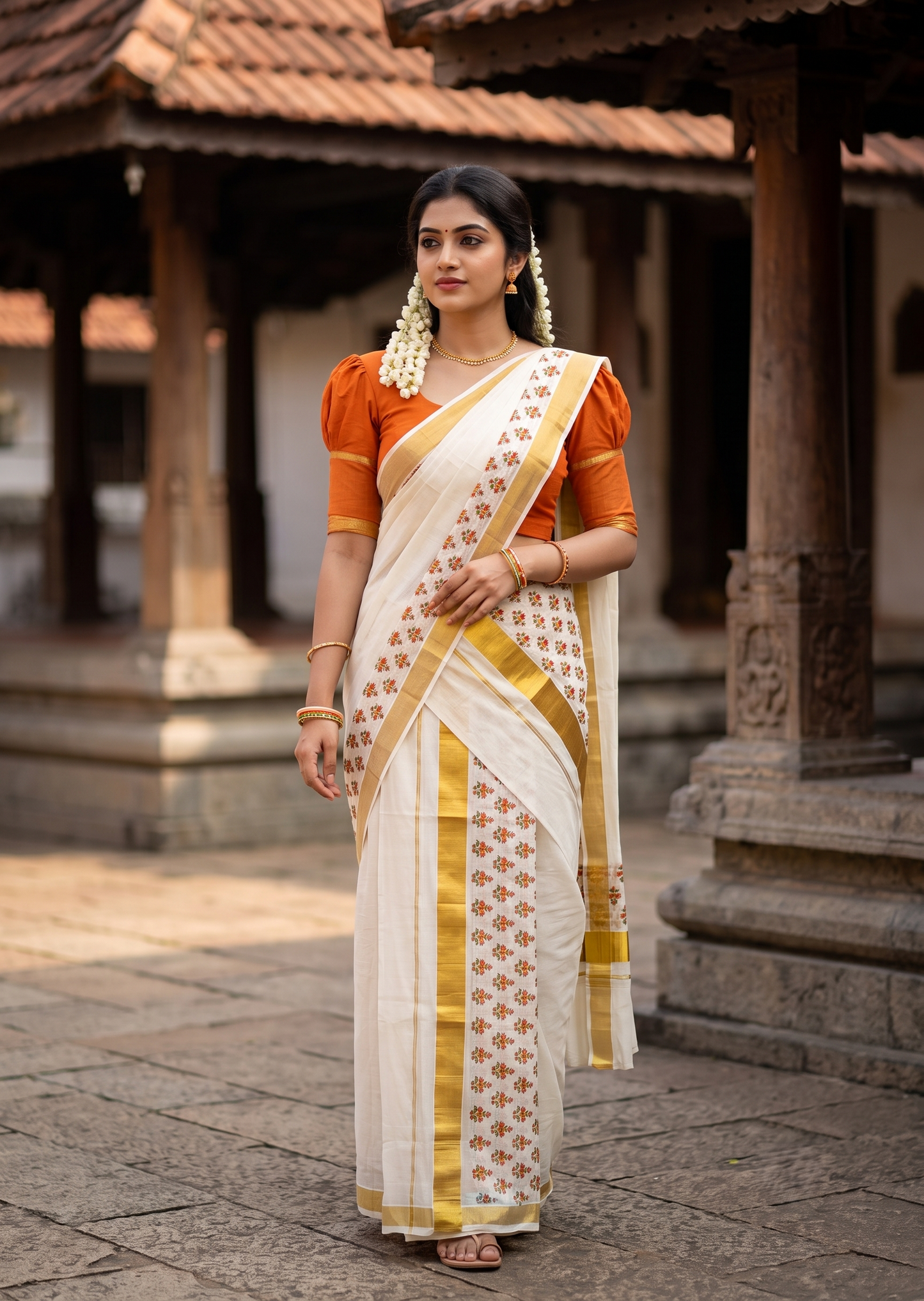 Southloom Cotton Single Set Mundu (Mundu Neriyathum) With Floral Digital Print In Orange 2.80 Mtrs