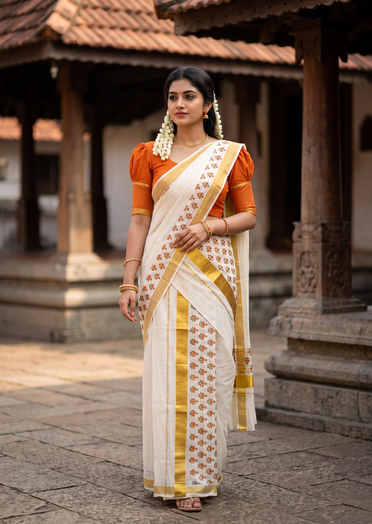 Southloom Cotton Single Set Mundu (Mundu Neriyathum) With Floral Digital Print In Orange 2.80 Mtrs