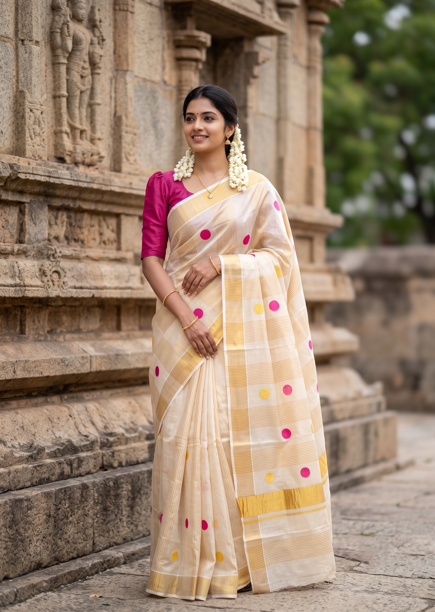 Southloom Kerala Tissue Kasavu Stripes Saree with Polka Embroidery Works on Body in Pink