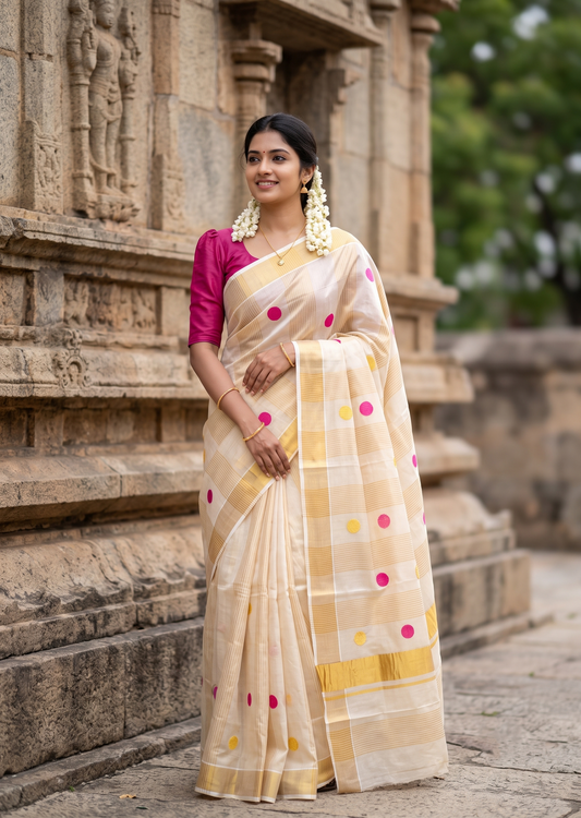 Southloom Kerala Tissue Kasavu Stripes Saree with Polka Embroidery Works on Body in Pink