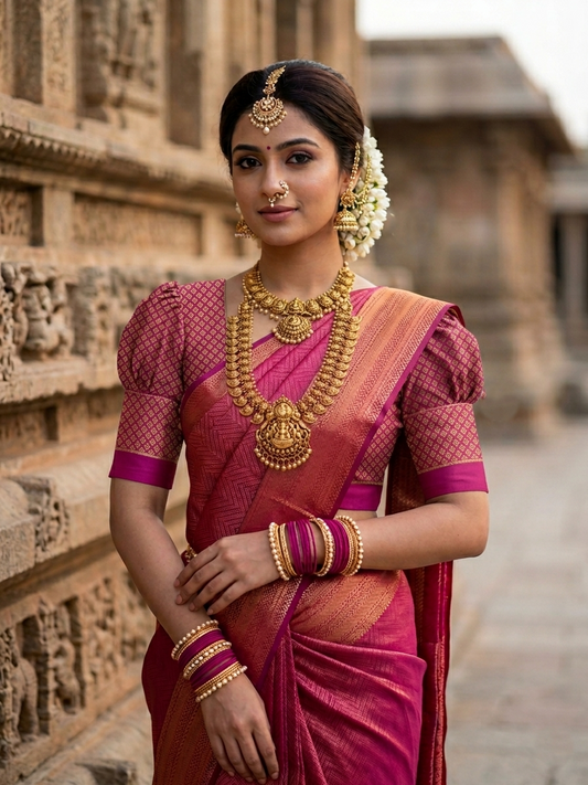 Southloom Premium Semi Silk Zari Work Bridal Brocade Saree in Magenta with Matching Pallu
