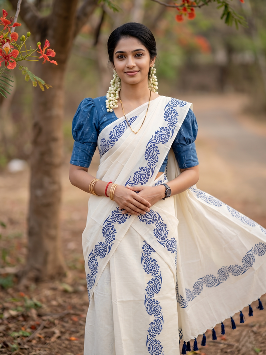 Southloom Cotton Single Set Mundu (Mundu Neriyathum) Blue Printed Border With Tussles in 2.80 Mtrs