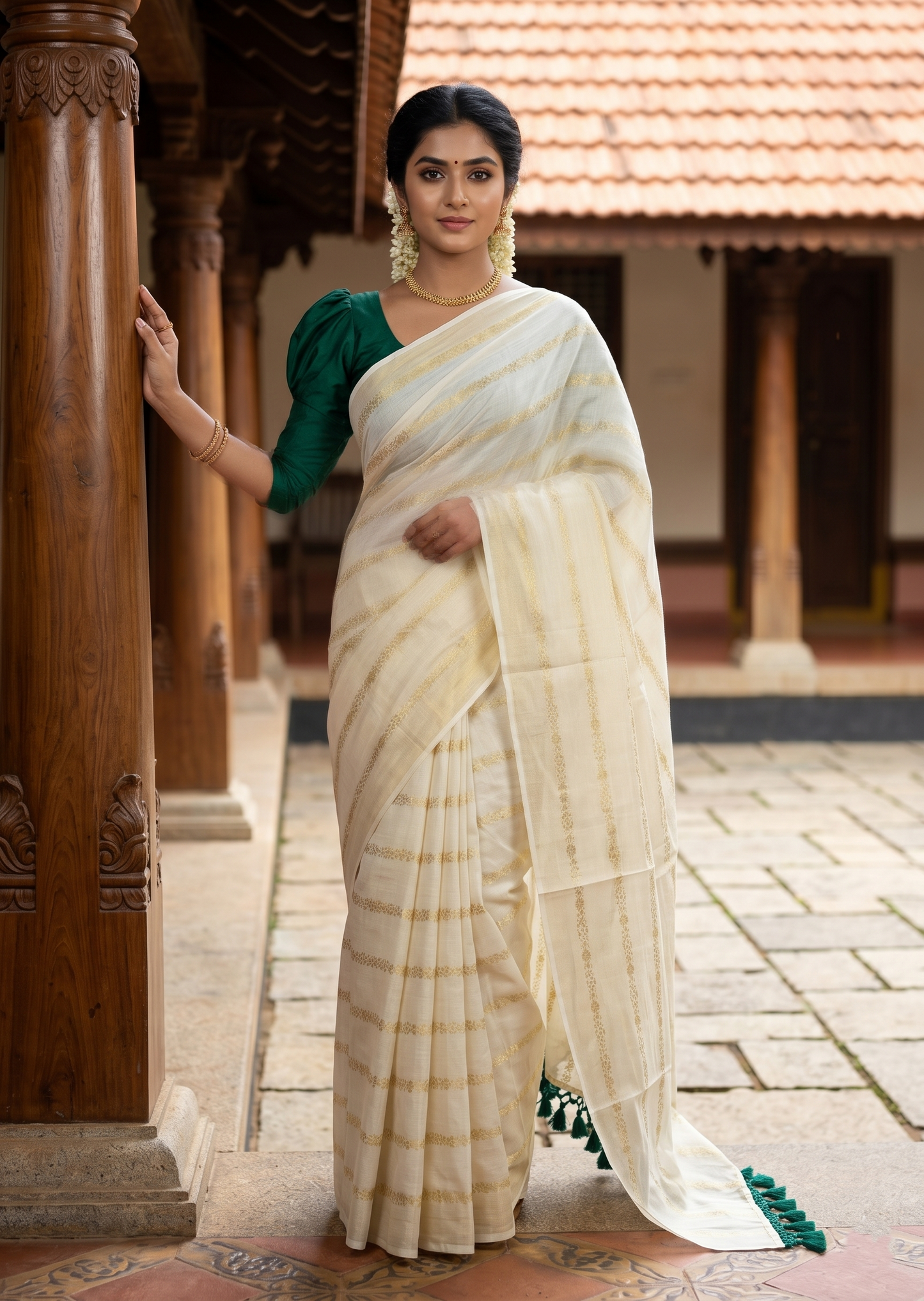 Southloom Kerala Cotton Kasavu Saree with Stripes on Body and Green Tussels