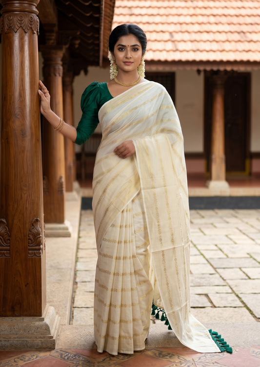 Southloom Kerala Cotton Kasavu Saree with Stripes on Body and Green Tussels