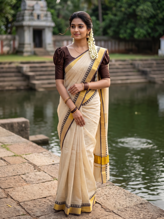 Southloom Kerala Tissue Saree with Kasavu and Purple Temple Woven Designs on Border