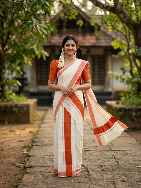 Kerala Cotton Mundum Neriyathum Single (Set Mundu) with Orange Border 2.80 Mtrs