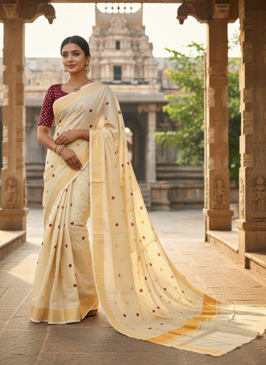 Southloom Kerala Tissue Kasavu Saree with Gold & Maroon Polka Embroidery Works on Body