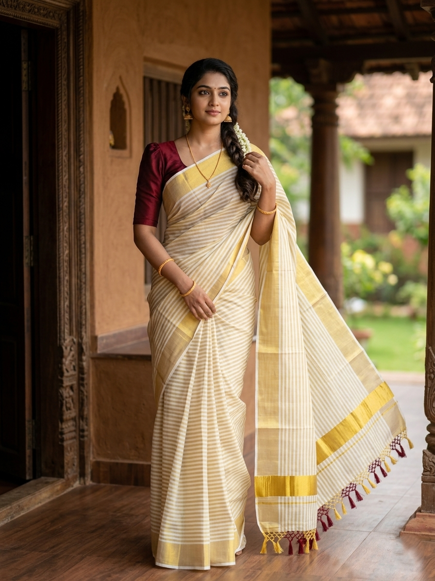 Southloom Kerala Cotton Kasavu Saree with Stripes on Body in Maroon SL328