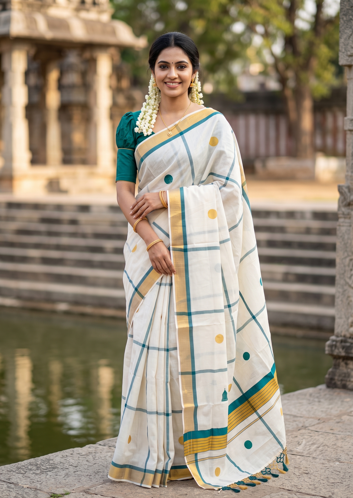 Southloom Kerala Cotton Kasavu Saree with Peacock Green & Gold Polka Works on Body SL581