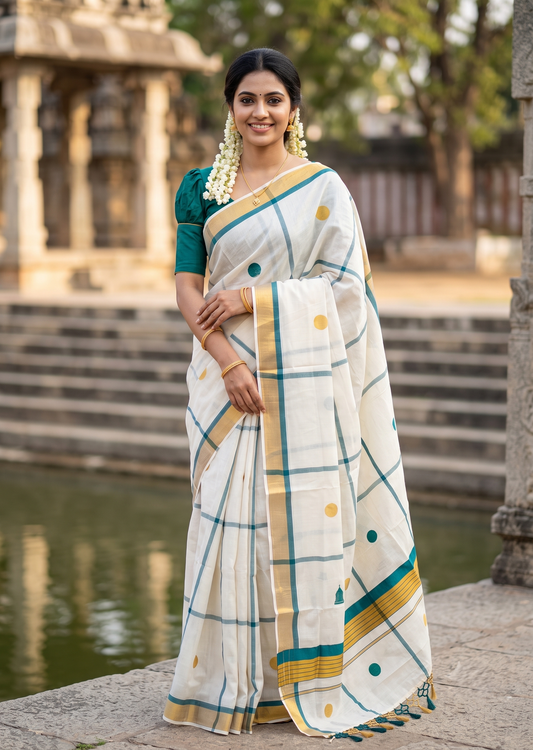 Southloom Kerala Cotton Kasavu Saree with Peacock Green & Gold Polka Works on Body SL581