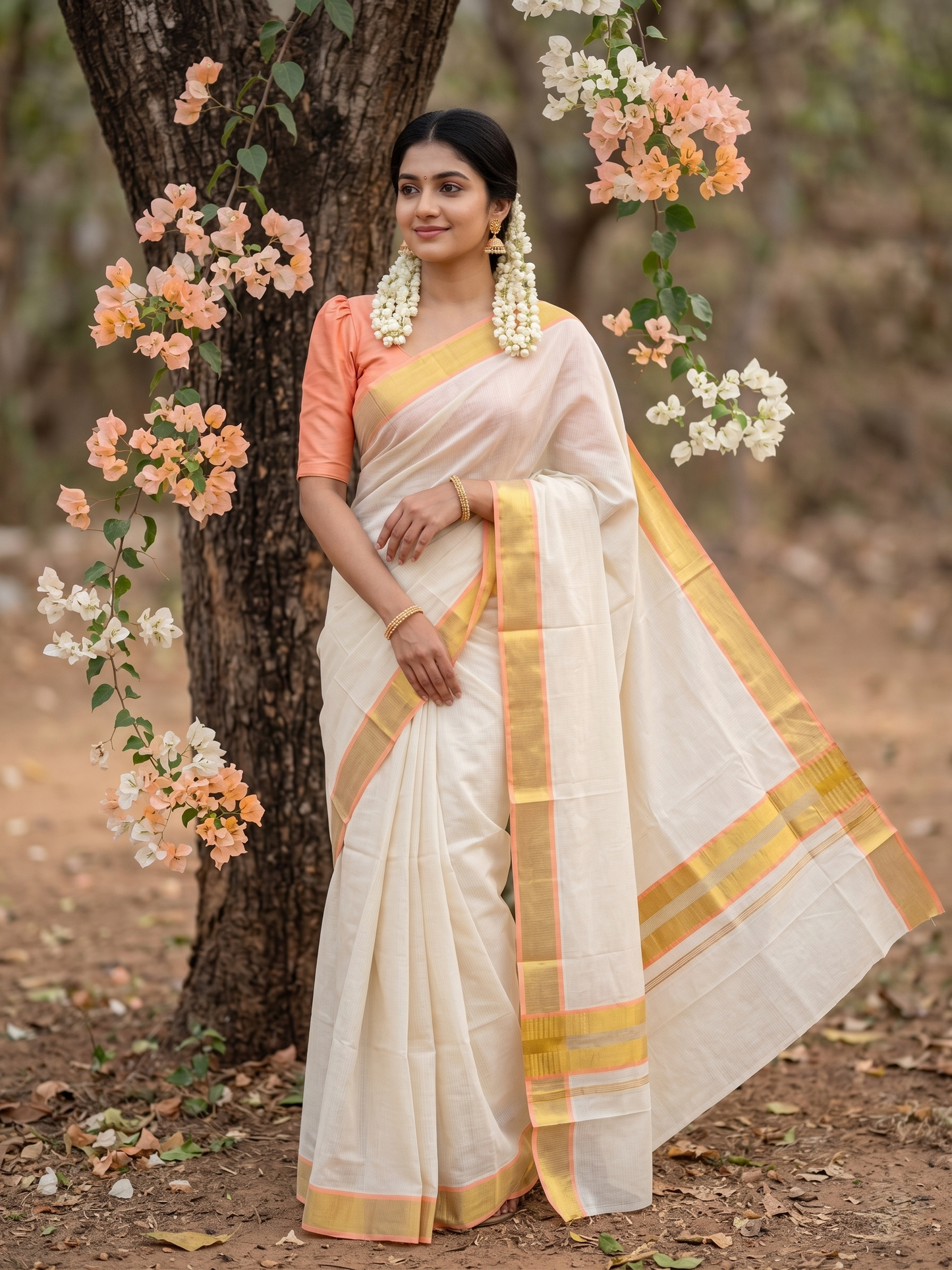 Southloom Kerala Cotton Kasavu Saree with Micro Stripes on Body In Peach Border SL361