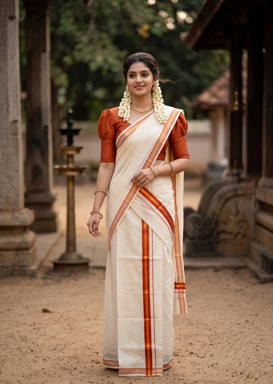 Southloom Kerala Cotton Single Set Mundu (Mundum Neriyathum) with Kasavu and Orange Border  SLKK