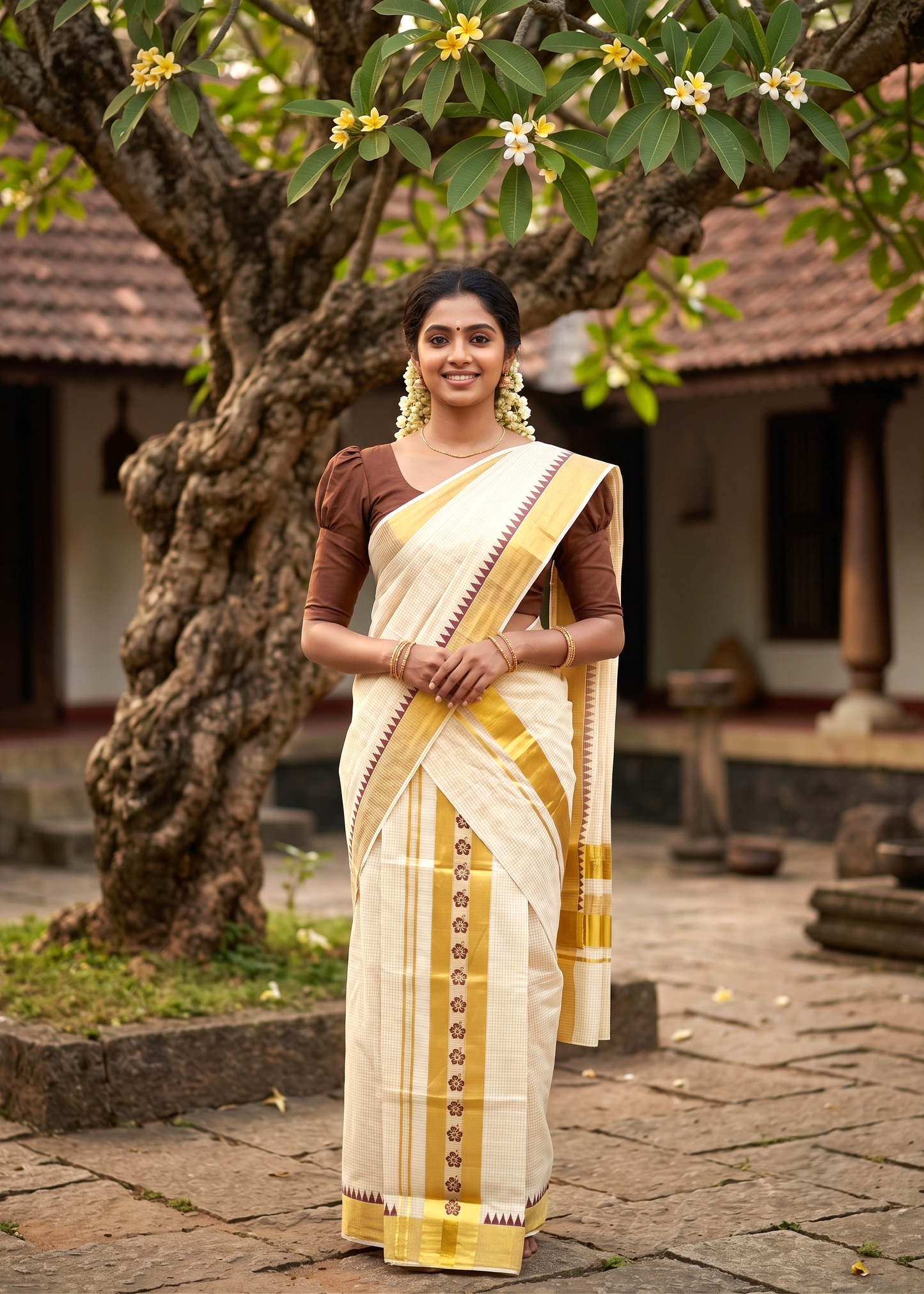 Southloom Pure Cotton Set Mundu with Gold Kasavu Micro Check Across Body in Brown SL398