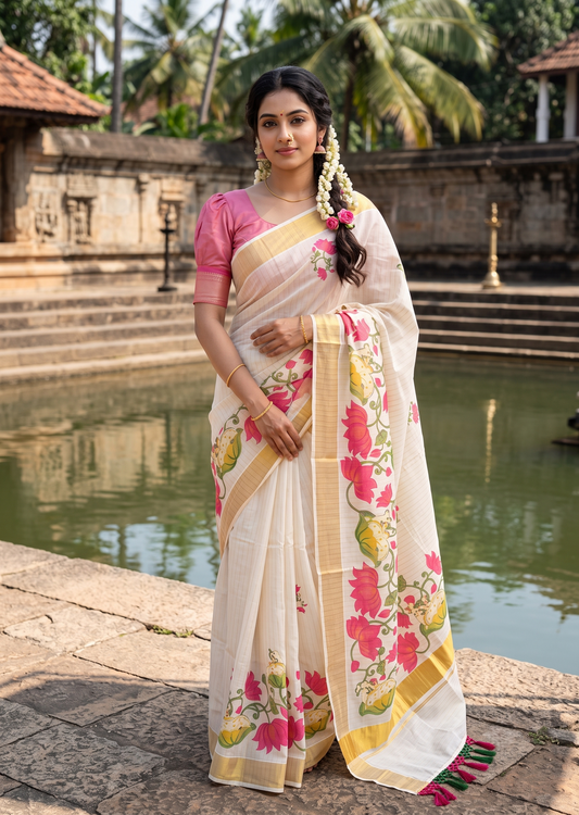 Southloom Cotton Kerala Kasavu Saree with Digital Painted Lotus Design SL586