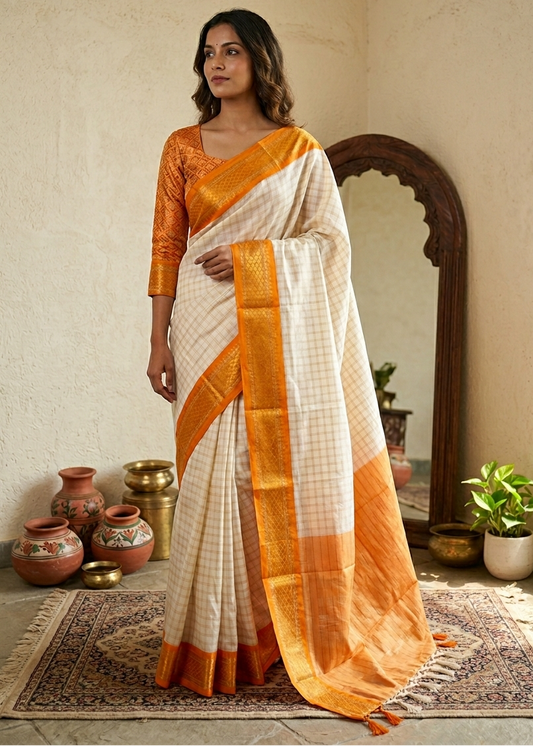 Cotton Silk Check Saree With Orange Border & Tassels SL223