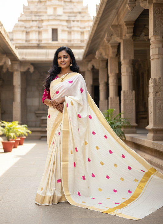 Southloom Kerala Cotton Kasavu Line Saree with Pink Lotus Embroidery Works